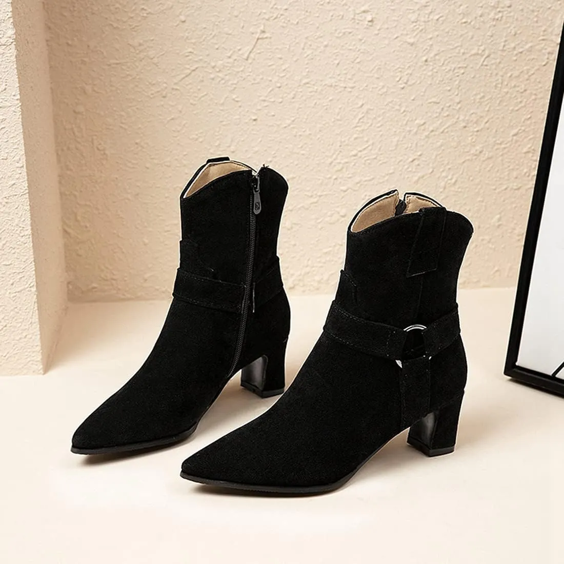 VOKLIN Women's Fashion Pointed Toe Dressy Ankle Boots Side Zipper Block Mid Heel Elegant Dress Short Booties