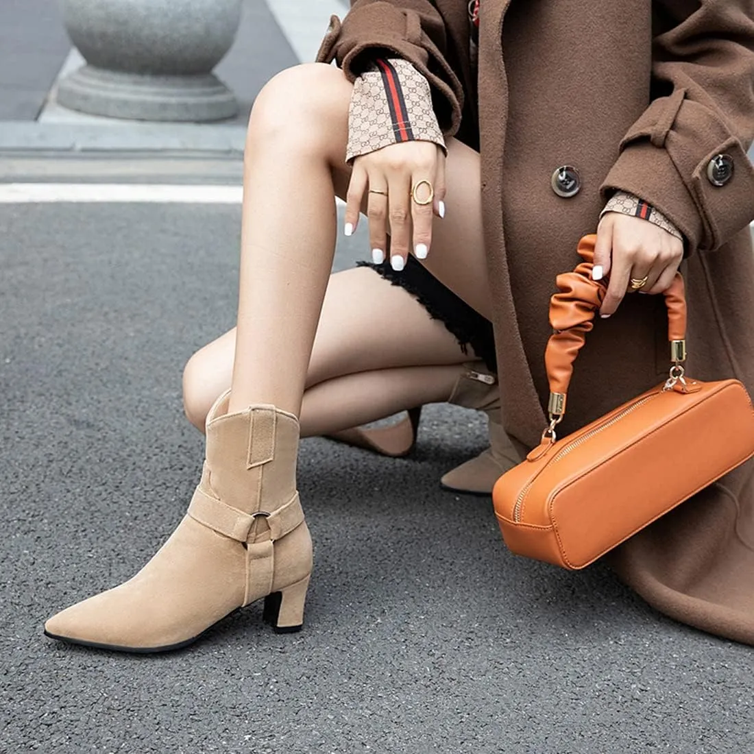 VOKLIN Women's Fashion Pointed Toe Dressy Ankle Boots Side Zipper Block Mid Heel Elegant Dress Short Booties