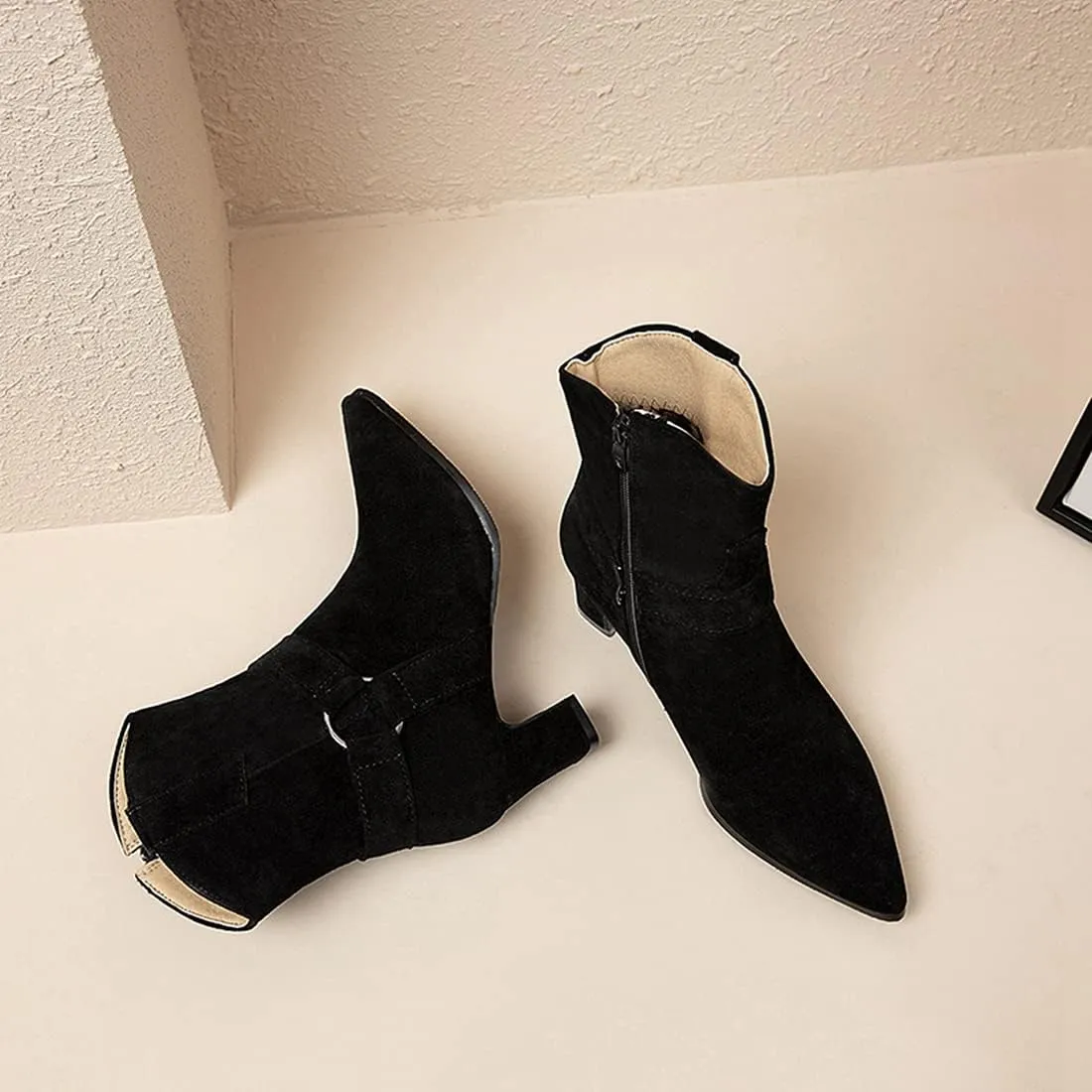 VOKLIN Women's Fashion Pointed Toe Dressy Ankle Boots Side Zipper Block Mid Heel Elegant Dress Short Booties