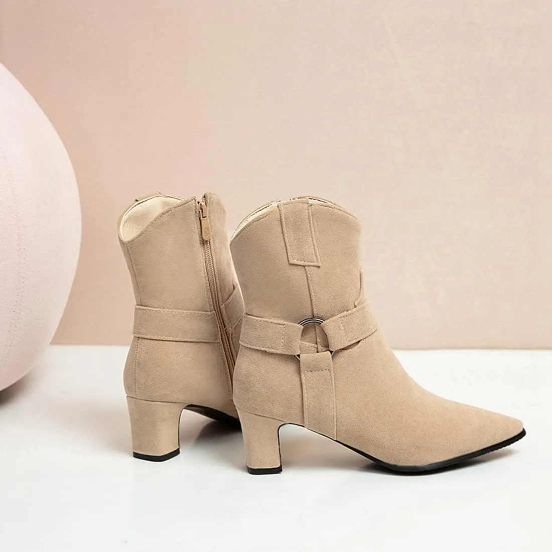 VOKLIN Women's Fashion Pointed Toe Dressy Ankle Boots Side Zipper Block Mid Heel Elegant Dress Short Booties
