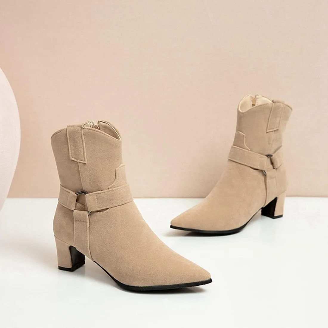 VOKLIN Women's Fashion Pointed Toe Dressy Ankle Boots Side Zipper Block Mid Heel Elegant Dress Short Booties