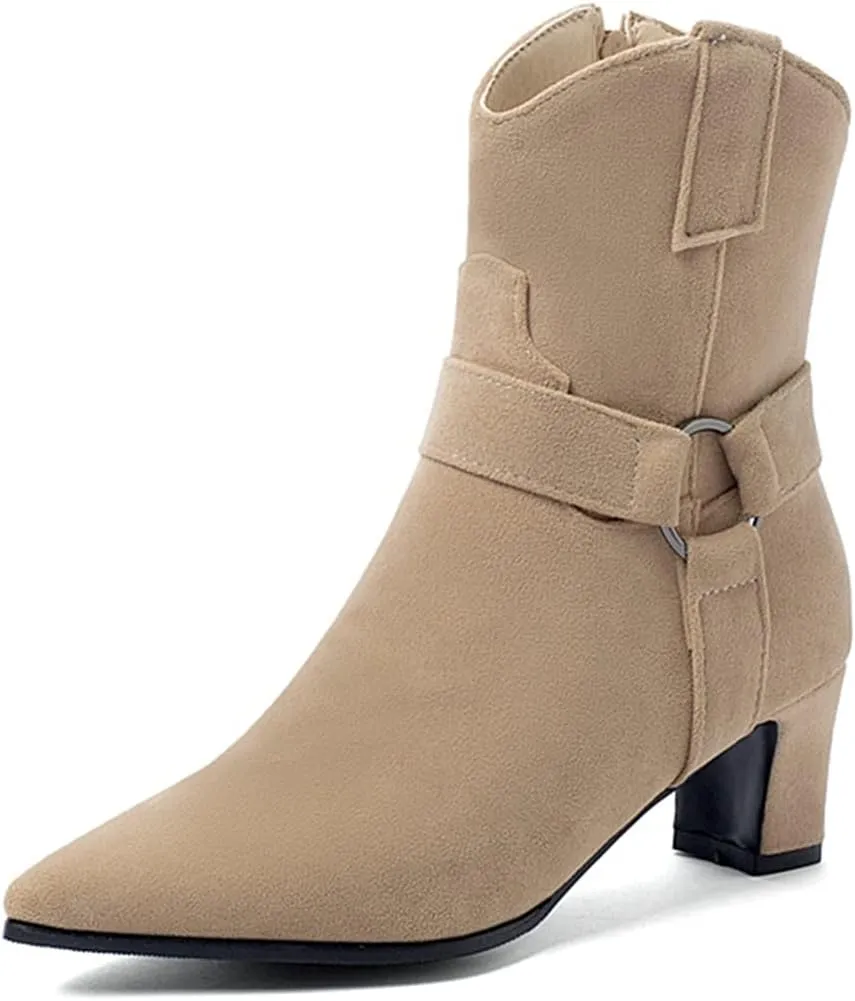 VOKLIN Women's Fashion Pointed Toe Dressy Ankle Boots Side Zipper Block Mid Heel Elegant Dress Short Booties