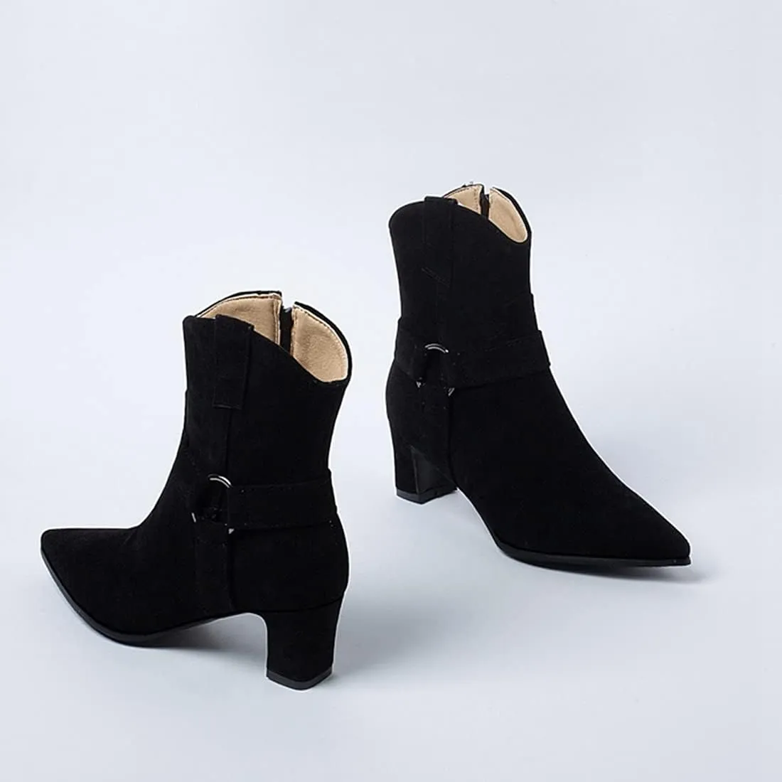 VOKLIN Women's Fashion Pointed Toe Dressy Ankle Boots Side Zipper Block Mid Heel Elegant Dress Short Booties