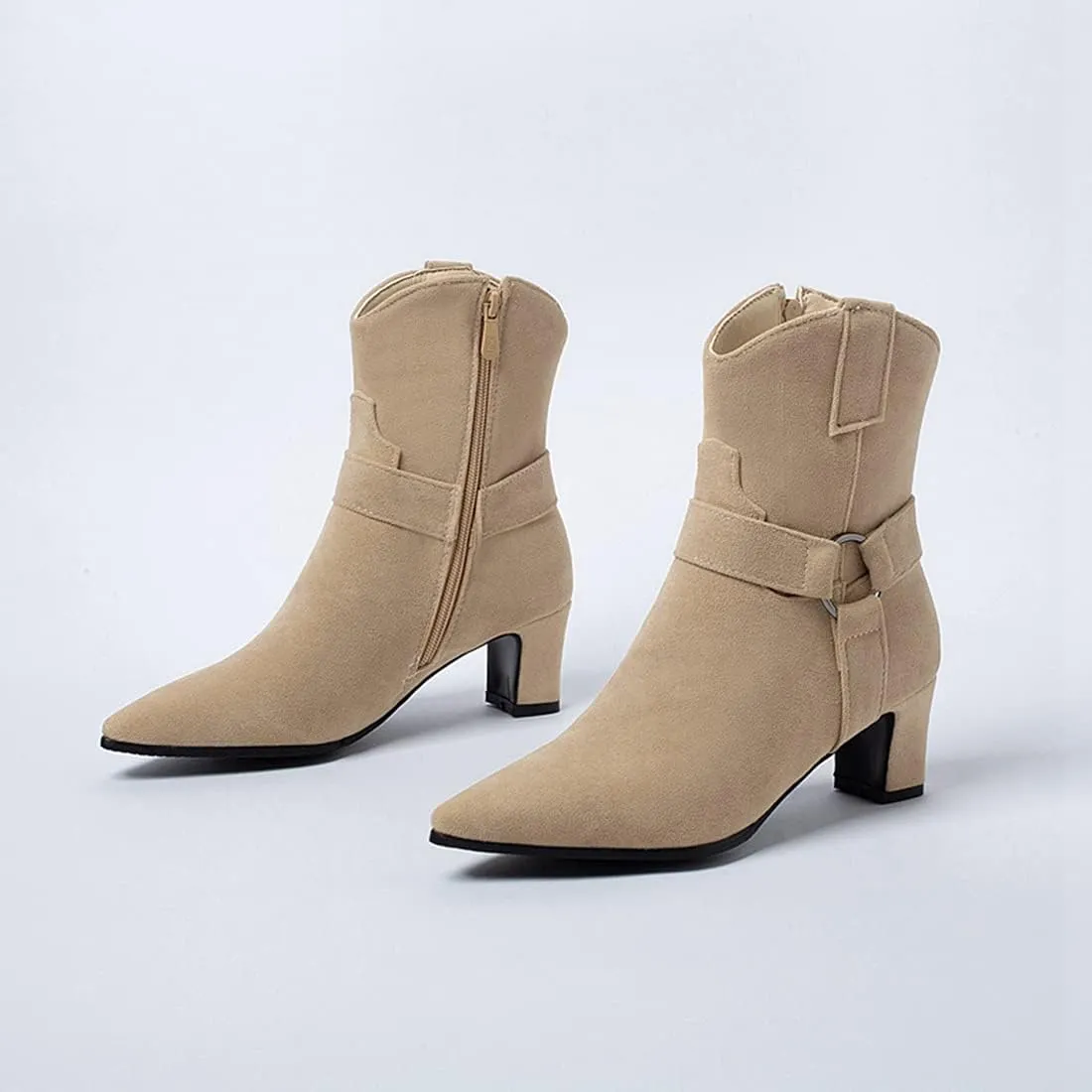 VOKLIN Women's Fashion Pointed Toe Dressy Ankle Boots Side Zipper Block Mid Heel Elegant Dress Short Booties