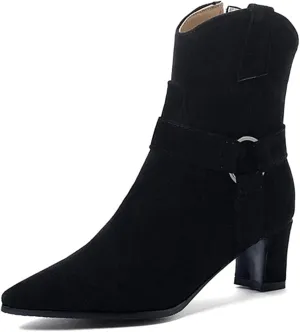 VOKLIN Women's Fashion Pointed Toe Dressy Ankle Boots Side Zipper Block Mid Heel Elegant Dress Short Booties