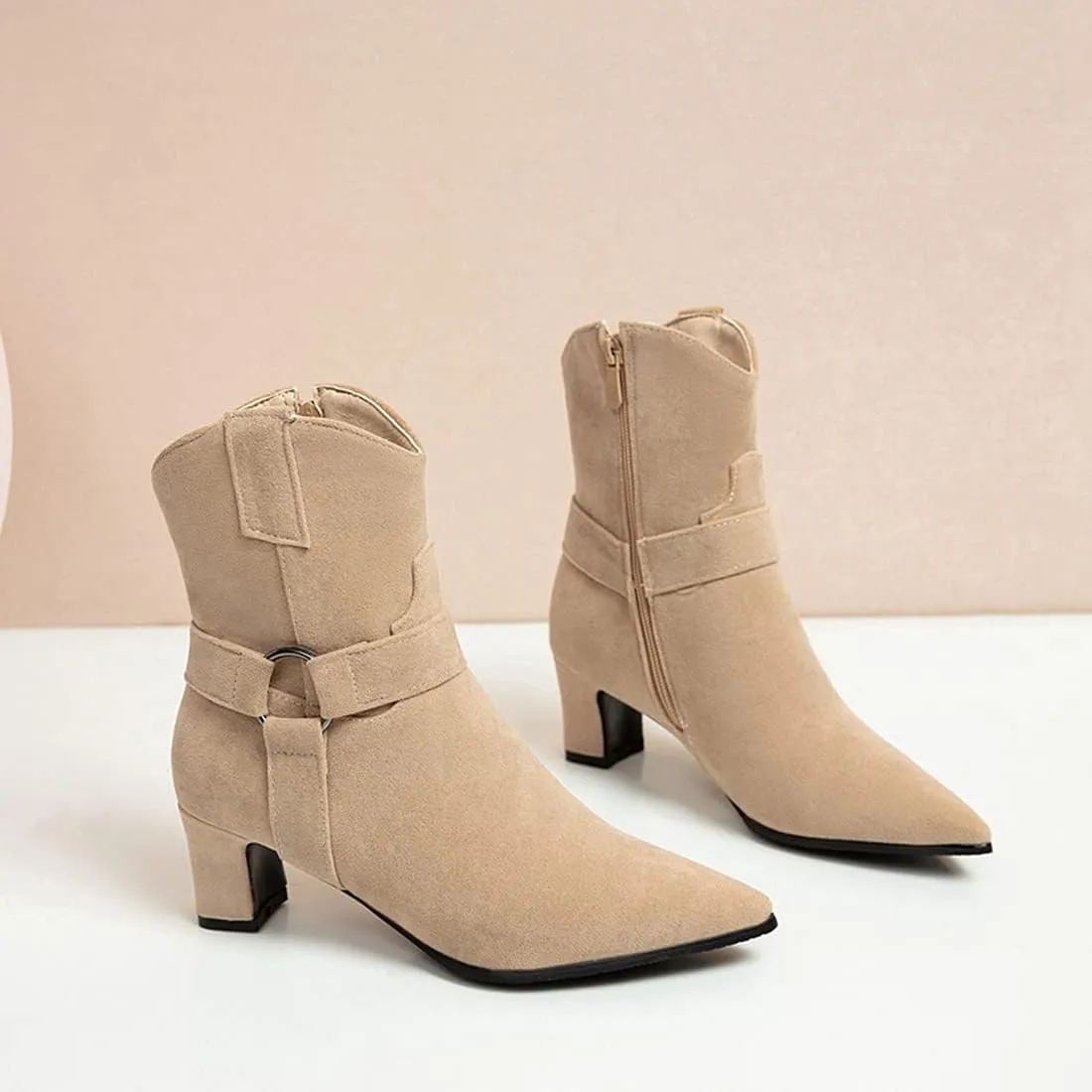 VOKLIN Women's Fashion Pointed Toe Dressy Ankle Boots Side Zipper Block Mid Heel Elegant Dress Short Booties
