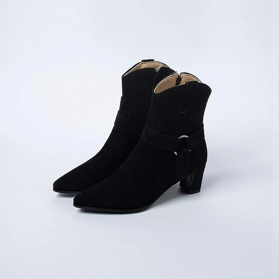VOKLIN Women's Fashion Pointed Toe Dressy Ankle Boots Side Zipper Block Mid Heel Elegant Dress Short Booties