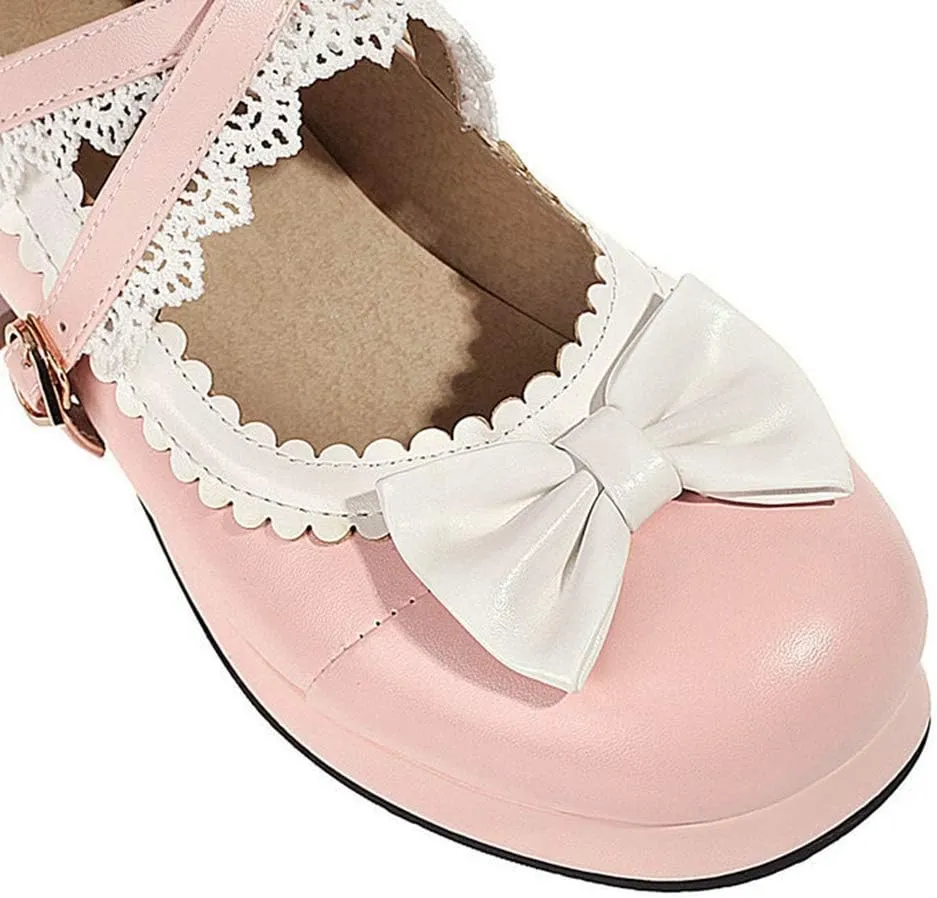 VOKLIN Women's Girls Lolita Mary Jane Pumps Sweet Bow Cross Ankle Strap Mid Heel Princess Oxford Dress Shoes