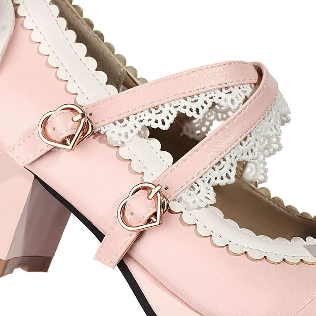 VOKLIN Women's Girls Lolita Mary Jane Pumps Sweet Bow Cross Ankle Strap Mid Heel Princess Oxford Dress Shoes