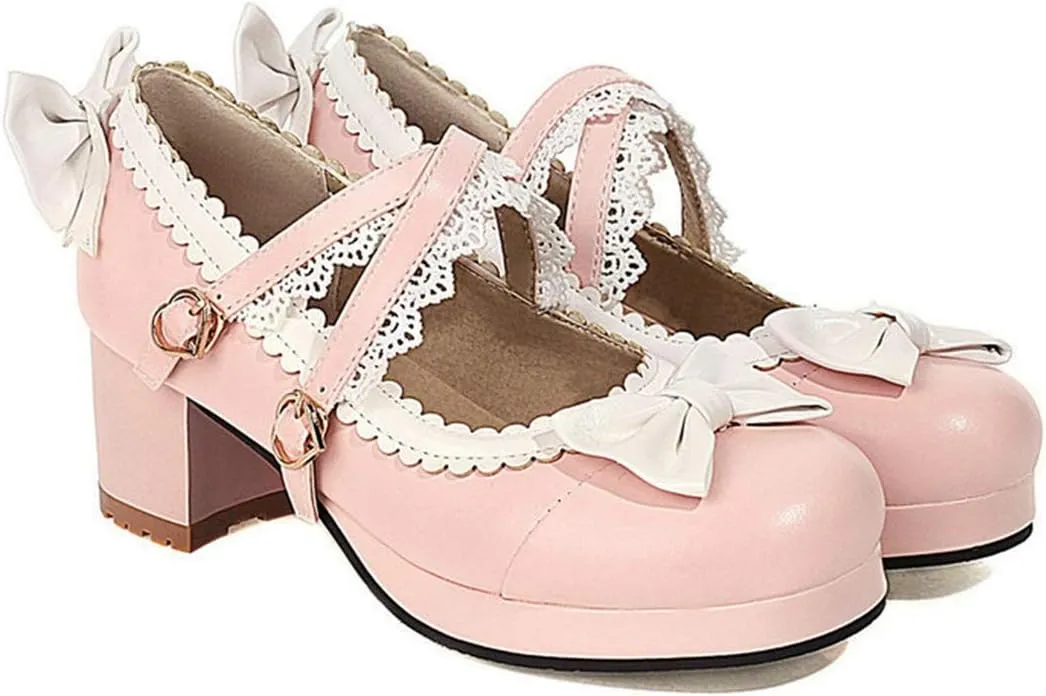 VOKLIN Women's Girls Lolita Mary Jane Pumps Sweet Bow Cross Ankle Strap Mid Heel Princess Oxford Dress Shoes