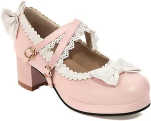 VOKLIN Women's Girls Lolita Mary Jane Pumps Sweet Bow Cross Ankle Strap Mid Heel Princess Oxford Dress Shoes