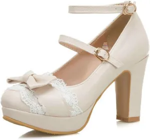 VOKLIN Women's Girls Lolita Platform Mary Jane Pumps Sweet Bow Ankle Strap Block High Heel Oxford Dress Shoes