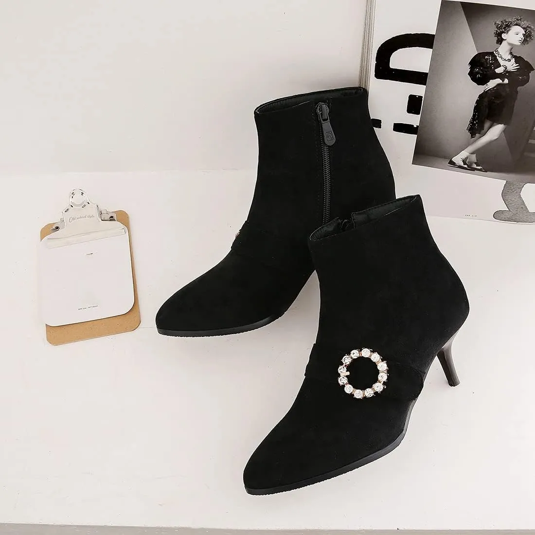 VOKLIN Women's Pointed Toe Buckle Dressy Ankle Booties Stiletto Kitten Heel Zipper Elegant Dress Short Boots