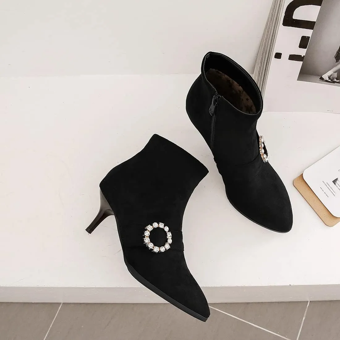 VOKLIN Women's Pointed Toe Buckle Dressy Ankle Booties Stiletto Kitten Heel Zipper Elegant Dress Short Boots