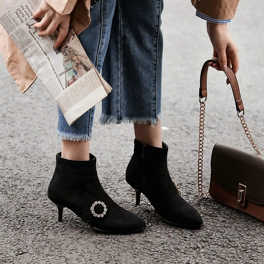 VOKLIN Women's Pointed Toe Buckle Dressy Ankle Booties Stiletto Kitten Heel Zipper Elegant Dress Short Boots