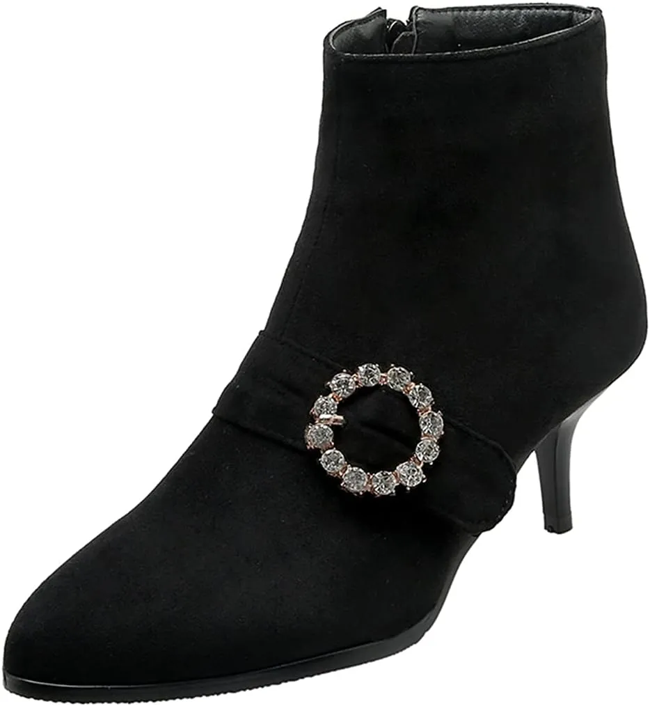 VOKLIN Women's Pointed Toe Buckle Dressy Ankle Booties Stiletto Kitten Heel Zipper Elegant Dress Short Boots