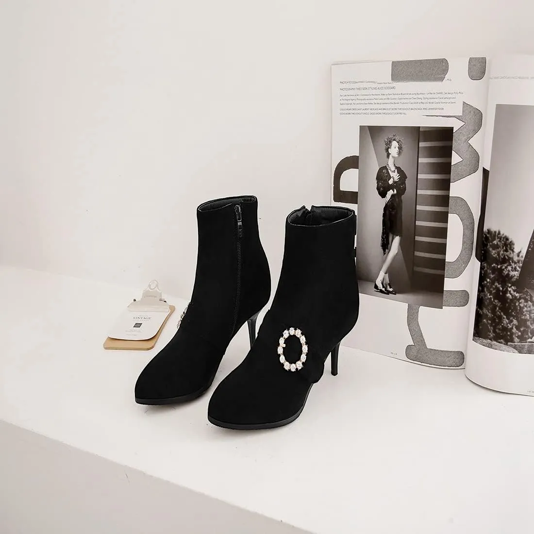 VOKLIN Women's Pointed Toe Buckle Dressy Ankle Booties Stiletto Kitten Heel Zipper Elegant Dress Short Boots