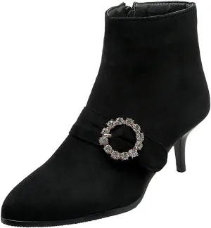 VOKLIN Women's Pointed Toe Buckle Dressy Ankle Booties Stiletto Kitten Heel Zipper Elegant Dress Short Boots