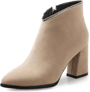 VOKLIN Women's Pointed Toe Chunky Block High Heel Ankle Boots Vegan Suede Side Zipper Dress Short Booties
