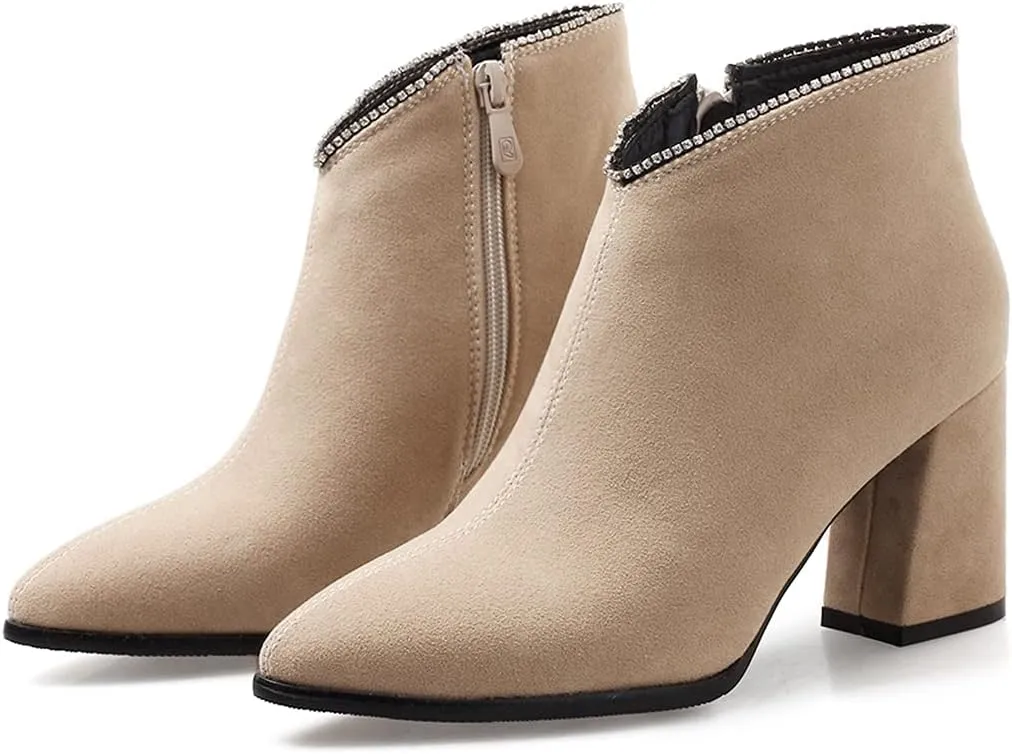 VOKLIN Women's Pointed Toe Chunky Block High Heel Ankle Boots Vegan Suede Side Zipper Dress Short Booties