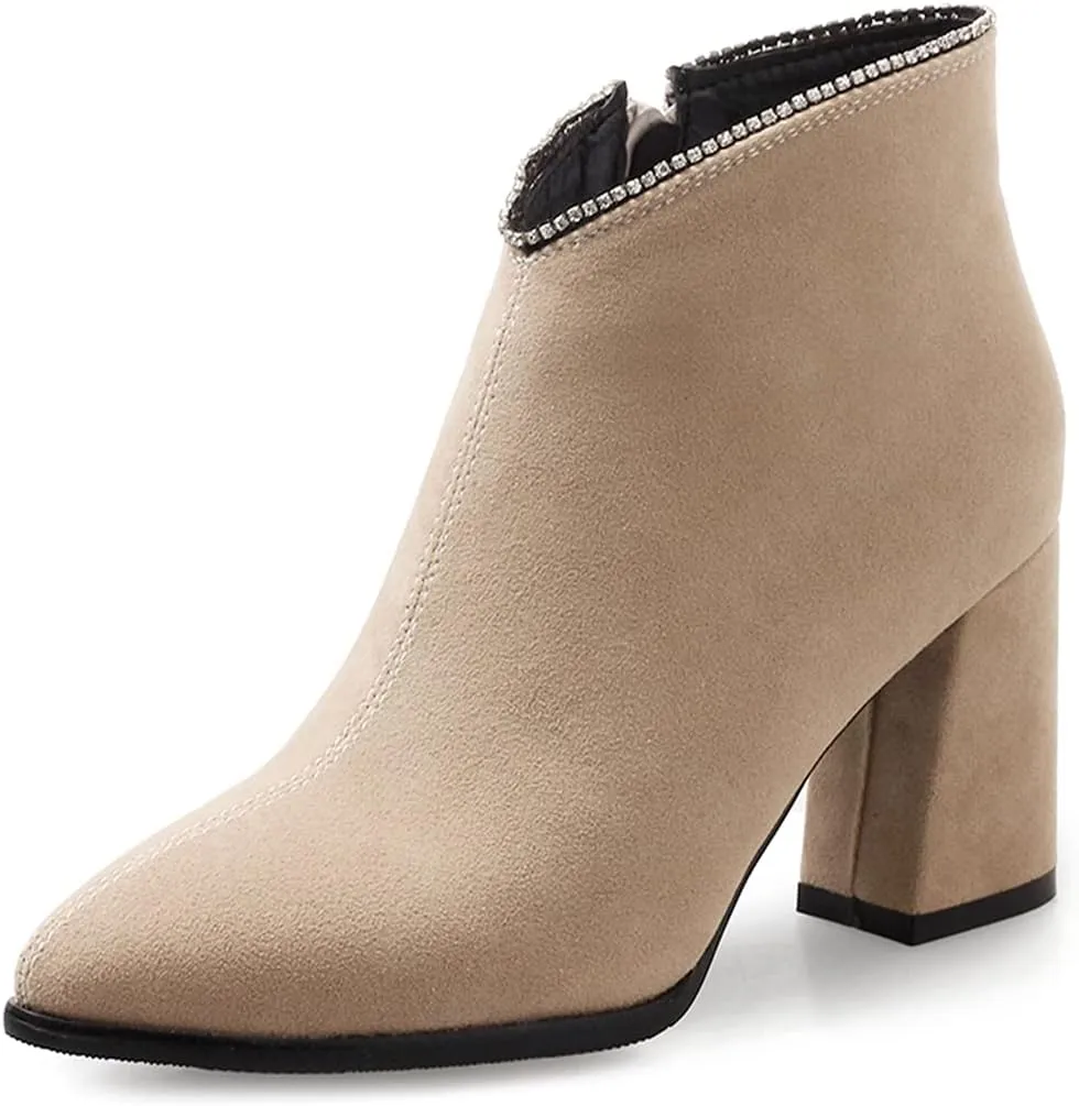 VOKLIN Women's Pointed Toe Chunky Block High Heel Ankle Boots Vegan Suede Side Zipper Dress Short Booties