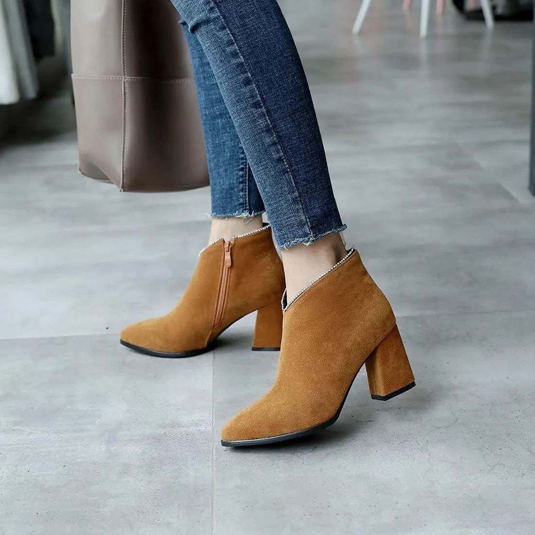 VOKLIN Women's Pointed Toe Chunky Block High Heel Ankle Boots Vegan Suede Side Zipper Dress Short Booties