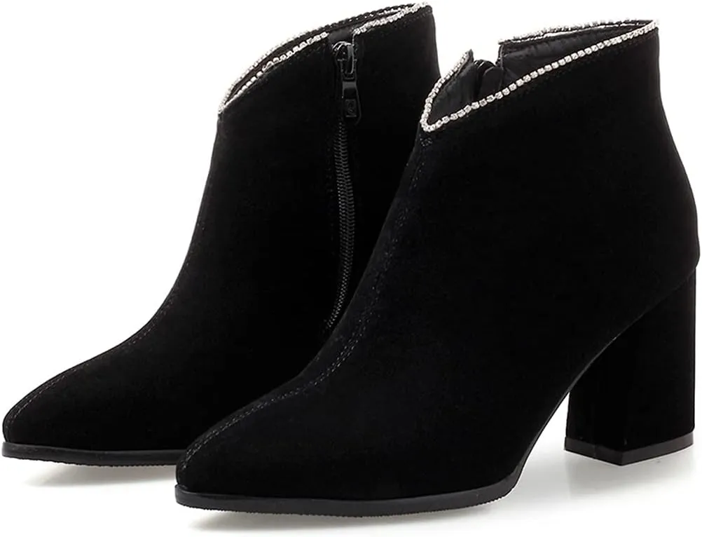 VOKLIN Women's Pointed Toe Chunky Block High Heel Ankle Boots Vegan Suede Side Zipper Dress Short Booties