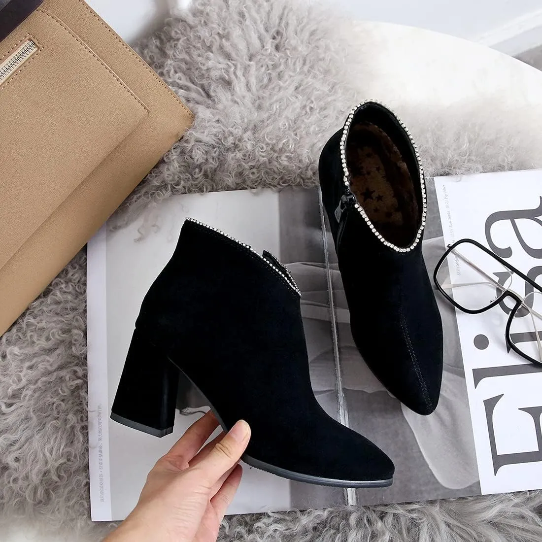 VOKLIN Women's Pointed Toe Chunky Block High Heel Ankle Boots Vegan Suede Side Zipper Dress Short Booties