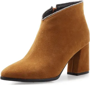 VOKLIN Women's Pointed Toe Chunky Block High Heel Ankle Boots Vegan Suede Side Zipper Dress Short Booties