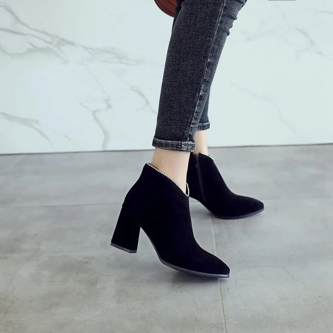 VOKLIN Women's Pointed Toe Chunky Block High Heel Ankle Boots Vegan Suede Side Zipper Dress Short Booties
