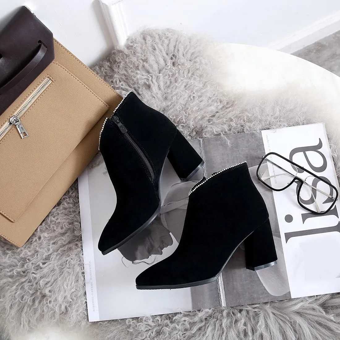 VOKLIN Women's Pointed Toe Chunky Block High Heel Ankle Boots Vegan Suede Side Zipper Dress Short Booties