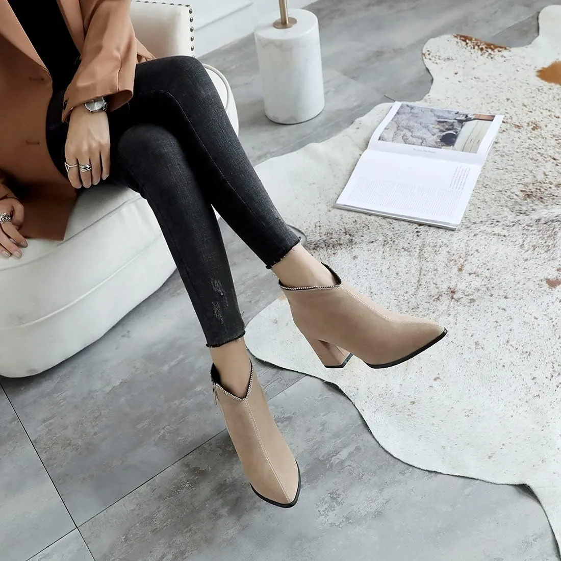VOKLIN Women's Pointed Toe Chunky Block High Heel Ankle Boots Vegan Suede Side Zipper Dress Short Booties