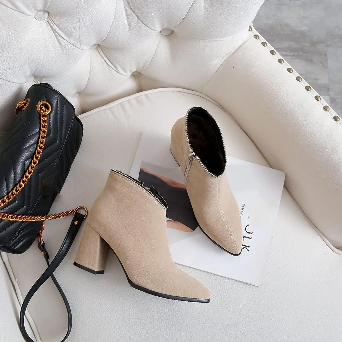 VOKLIN Women's Pointed Toe Chunky Block High Heel Ankle Boots Vegan Suede Side Zipper Dress Short Booties