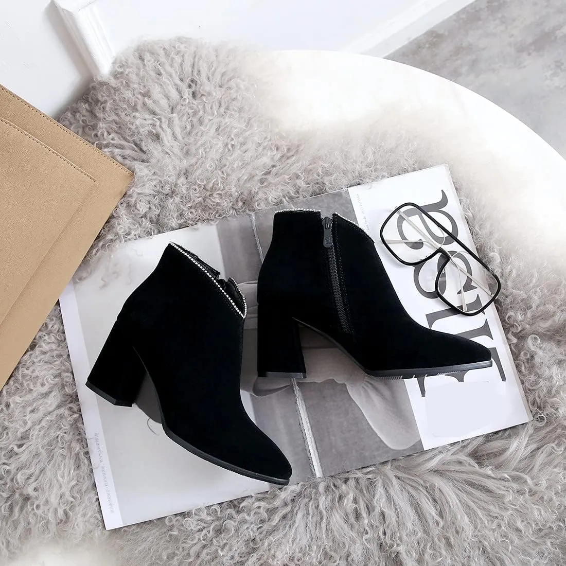 VOKLIN Women's Pointed Toe Chunky Block High Heel Ankle Boots Vegan Suede Side Zipper Dress Short Booties