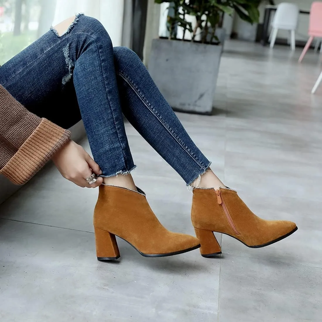 VOKLIN Women's Pointed Toe Chunky Block High Heel Ankle Boots Vegan Suede Side Zipper Dress Short Booties
