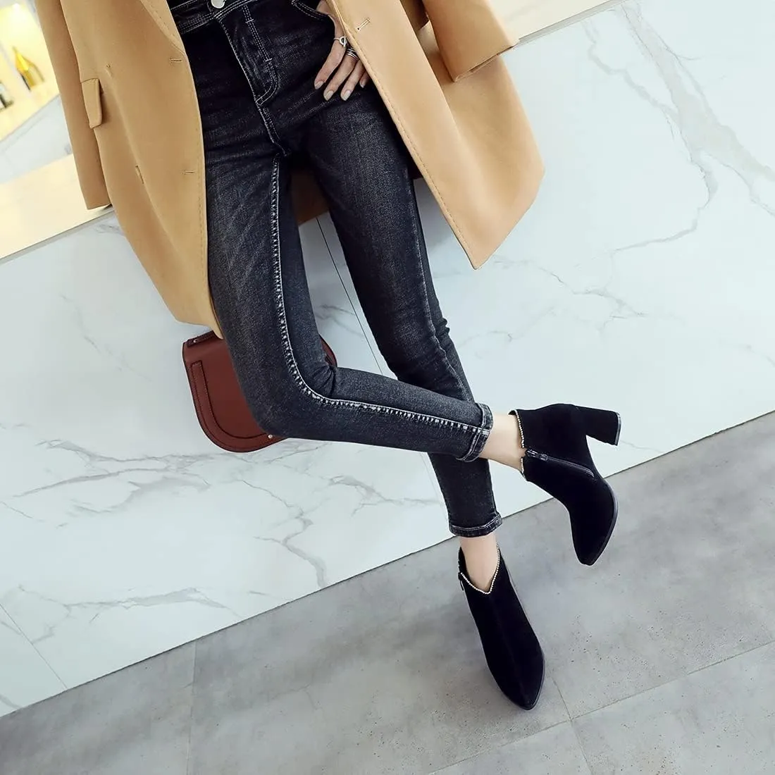 VOKLIN Women's Pointed Toe Chunky Block High Heel Ankle Boots Vegan Suede Side Zipper Dress Short Booties