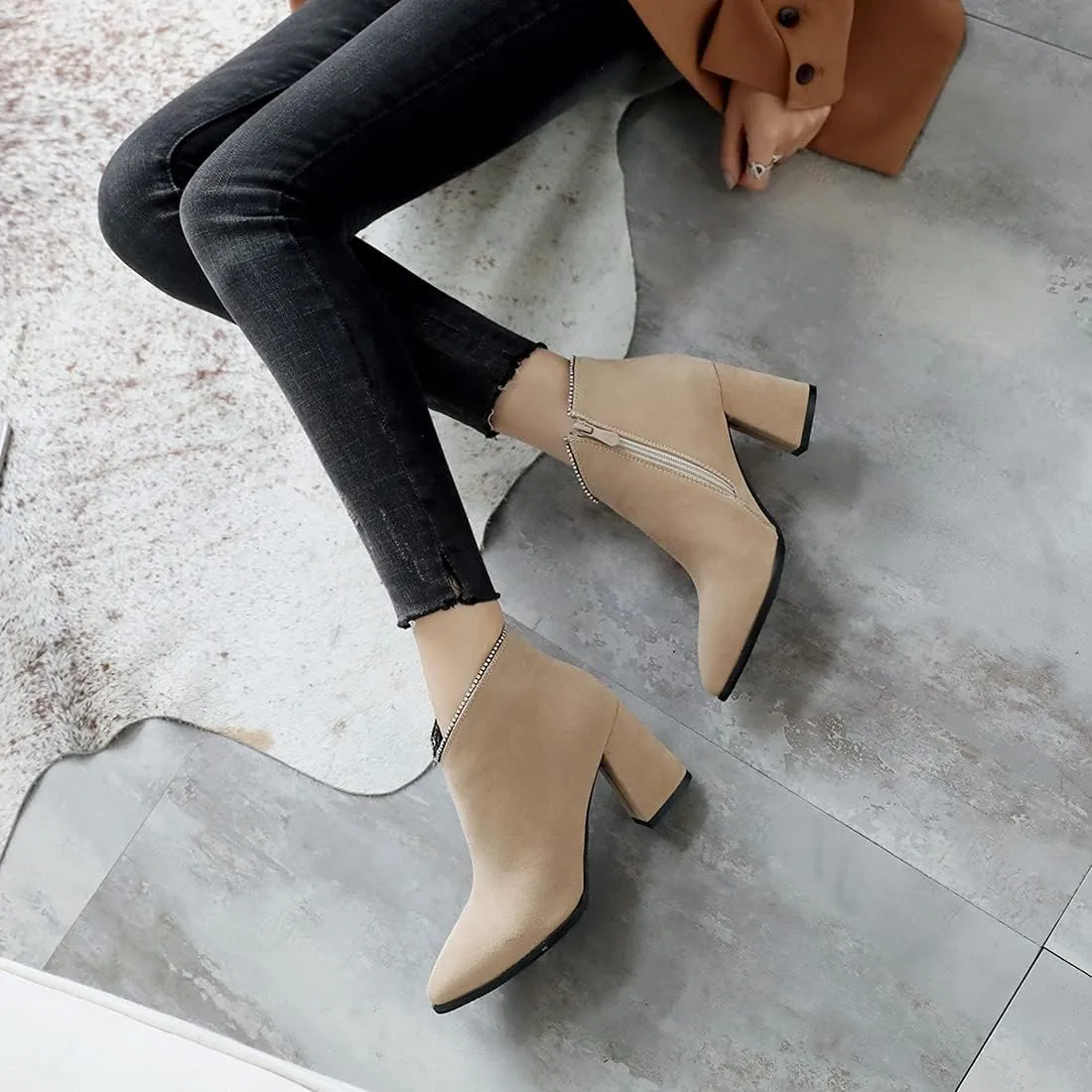VOKLIN Women's Pointed Toe Chunky Block High Heel Ankle Boots Vegan Suede Side Zipper Dress Short Booties