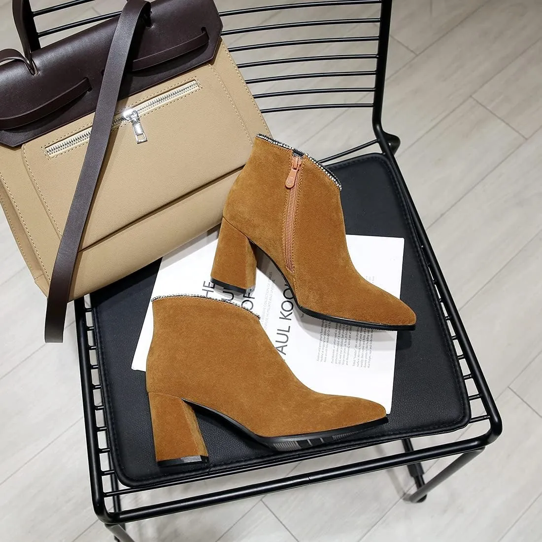 VOKLIN Women's Pointed Toe Chunky Block High Heel Ankle Boots Vegan Suede Side Zipper Dress Short Booties