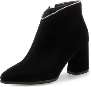 VOKLIN Women's Pointed Toe Chunky Block High Heel Ankle Boots Vegan Suede Side Zipper Dress Short Booties