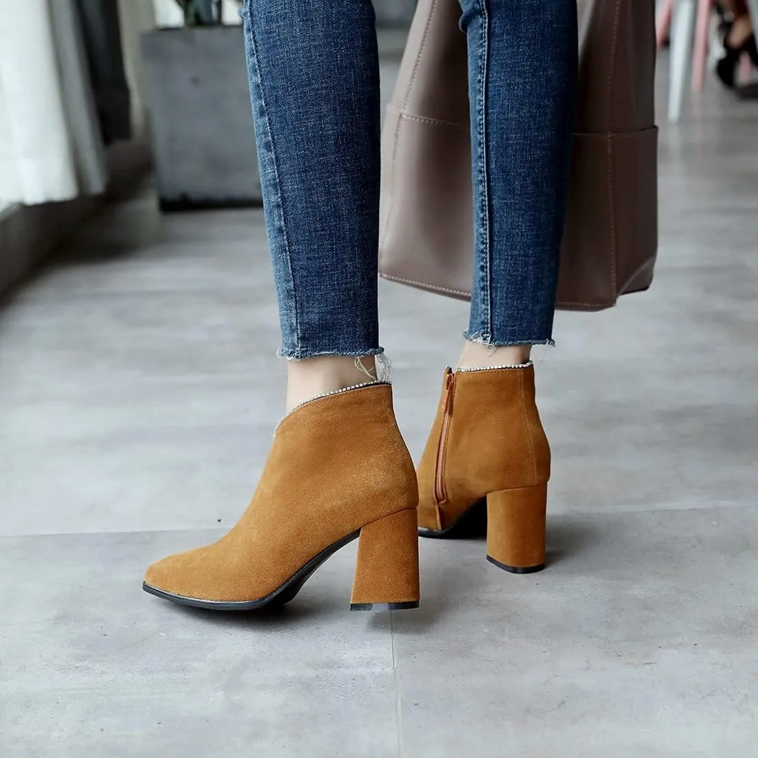 VOKLIN Women's Pointed Toe Chunky Block High Heel Ankle Boots Vegan Suede Side Zipper Dress Short Booties
