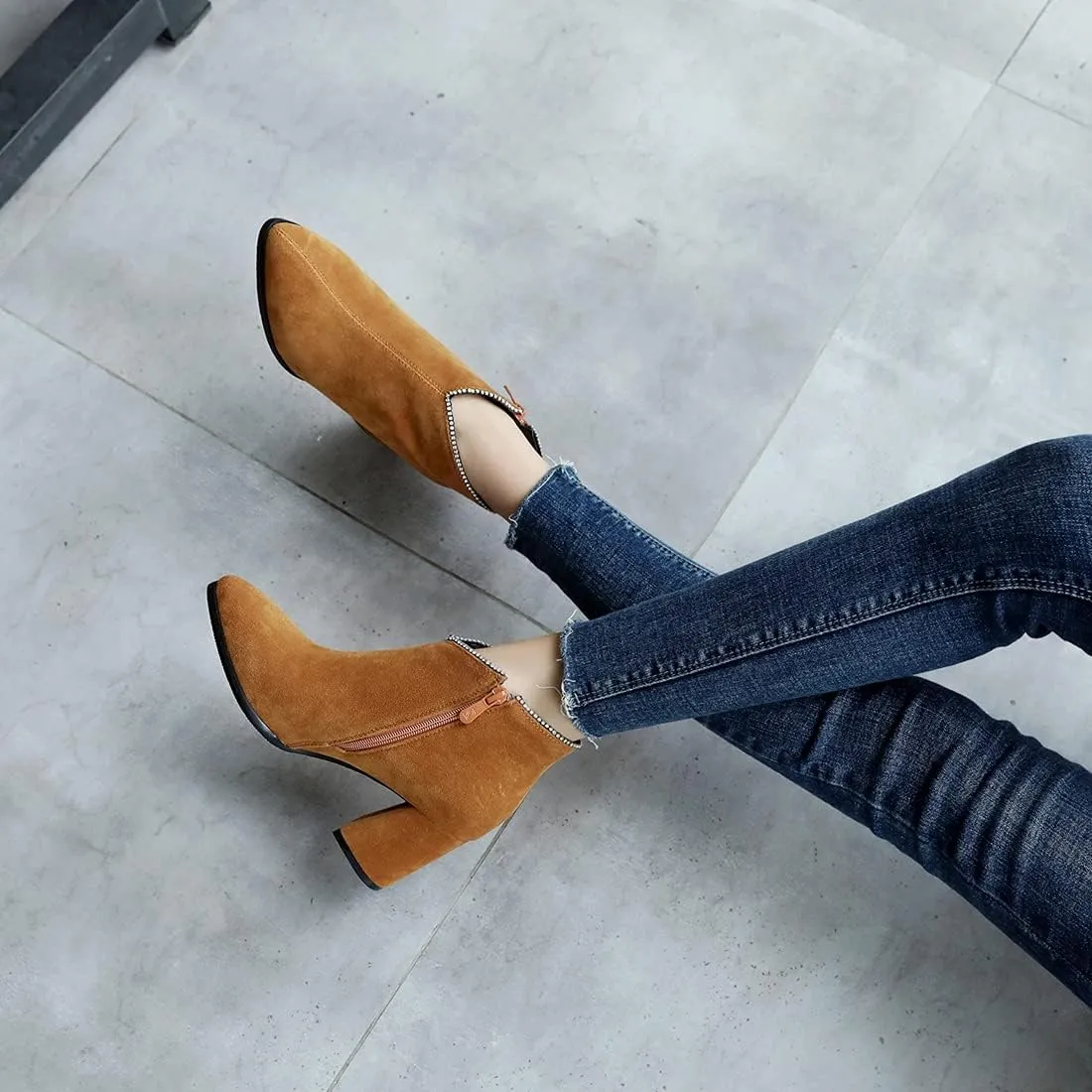 VOKLIN Women's Pointed Toe Chunky Block High Heel Ankle Boots Vegan Suede Side Zipper Dress Short Booties