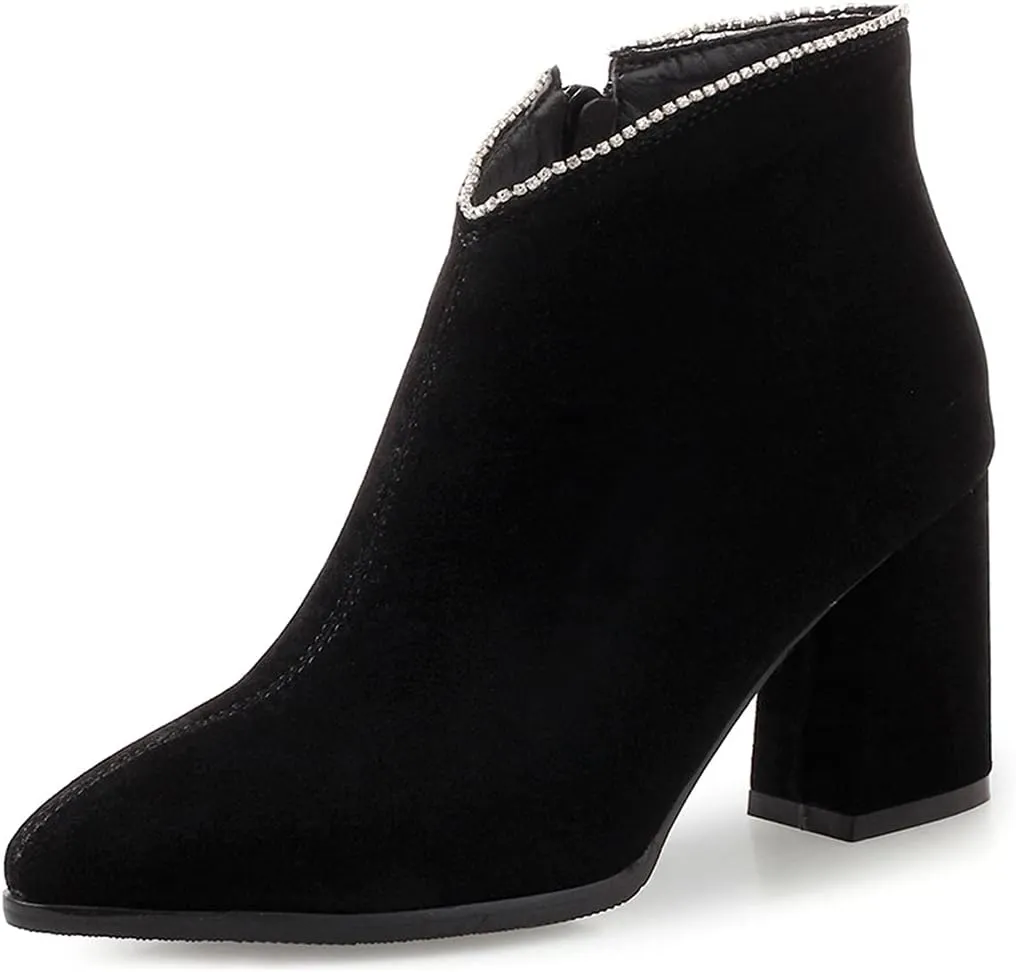 VOKLIN Women's Pointed Toe Chunky Block High Heel Ankle Boots Vegan Suede Side Zipper Dress Short Booties