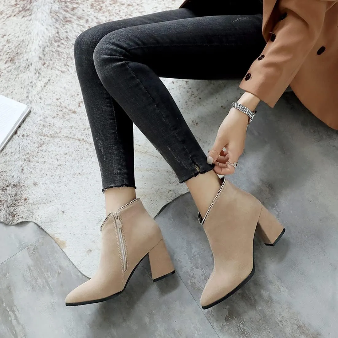 VOKLIN Women's Pointed Toe Chunky Block High Heel Ankle Boots Vegan Suede Side Zipper Dress Short Booties