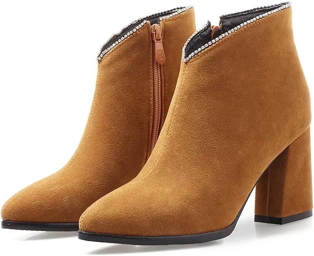 VOKLIN Women's Pointed Toe Chunky Block High Heel Ankle Boots Vegan Suede Side Zipper Dress Short Booties