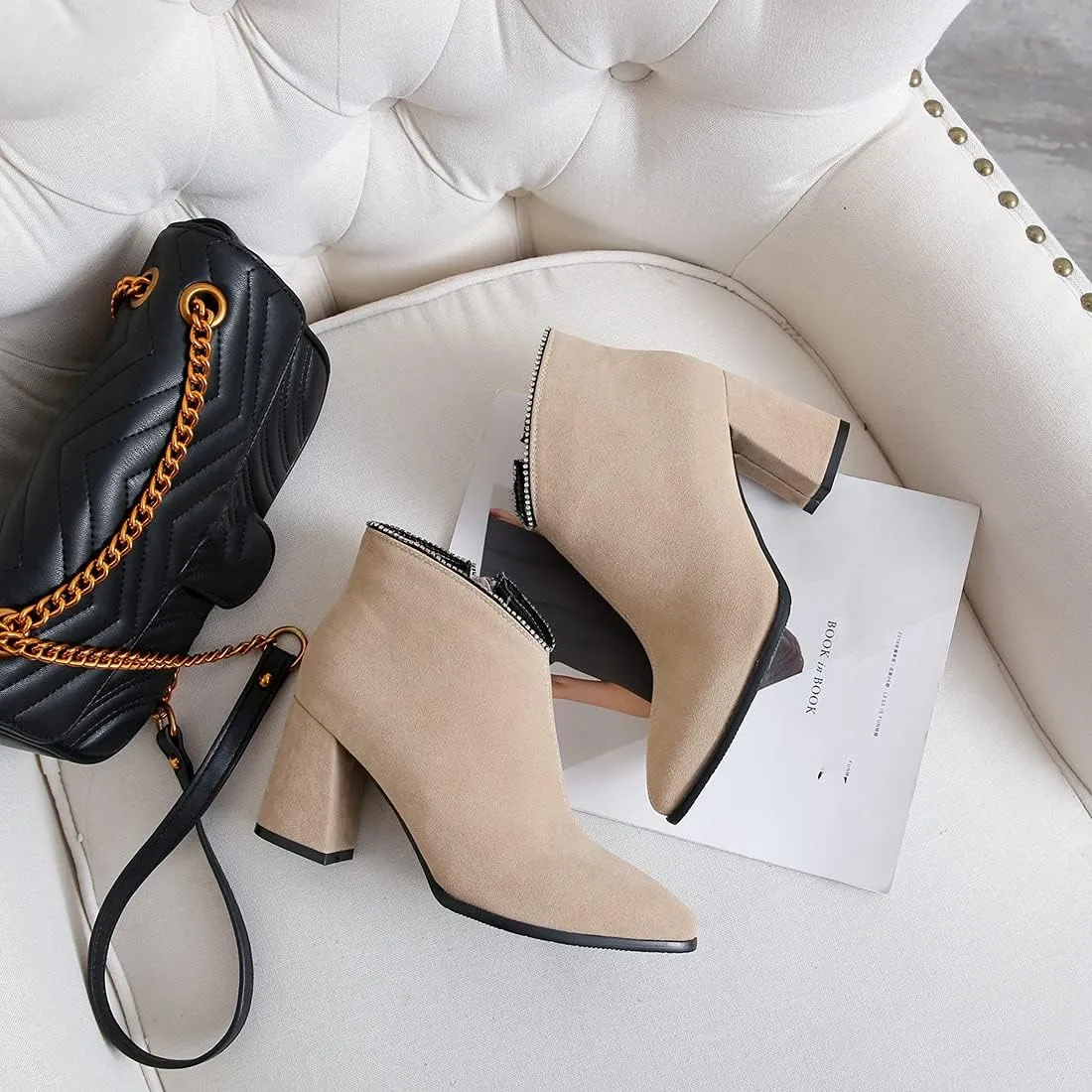 VOKLIN Women's Pointed Toe Chunky Block High Heel Ankle Boots Vegan Suede Side Zipper Dress Short Booties