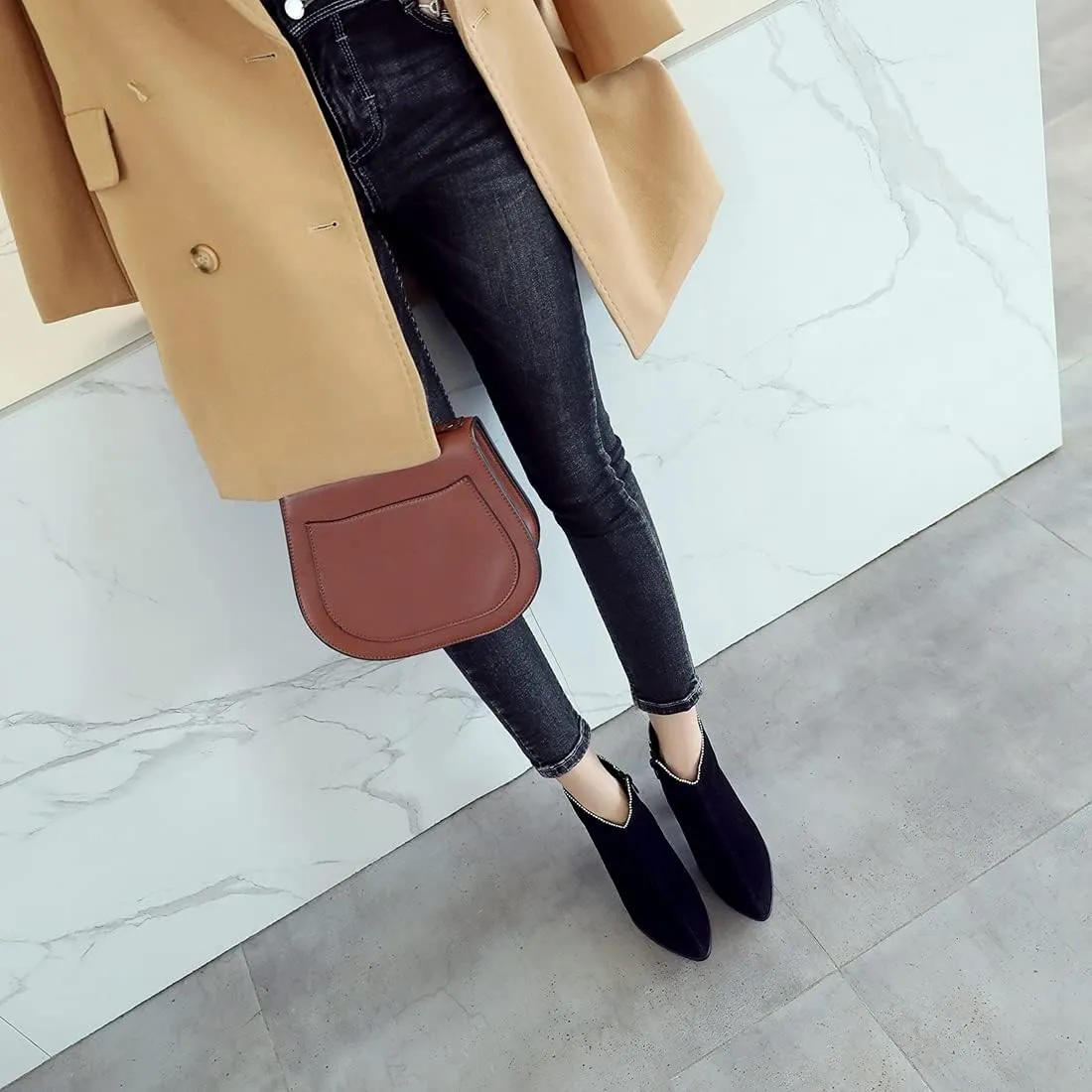 VOKLIN Women's Pointed Toe Chunky Block High Heel Ankle Boots Vegan Suede Side Zipper Dress Short Booties