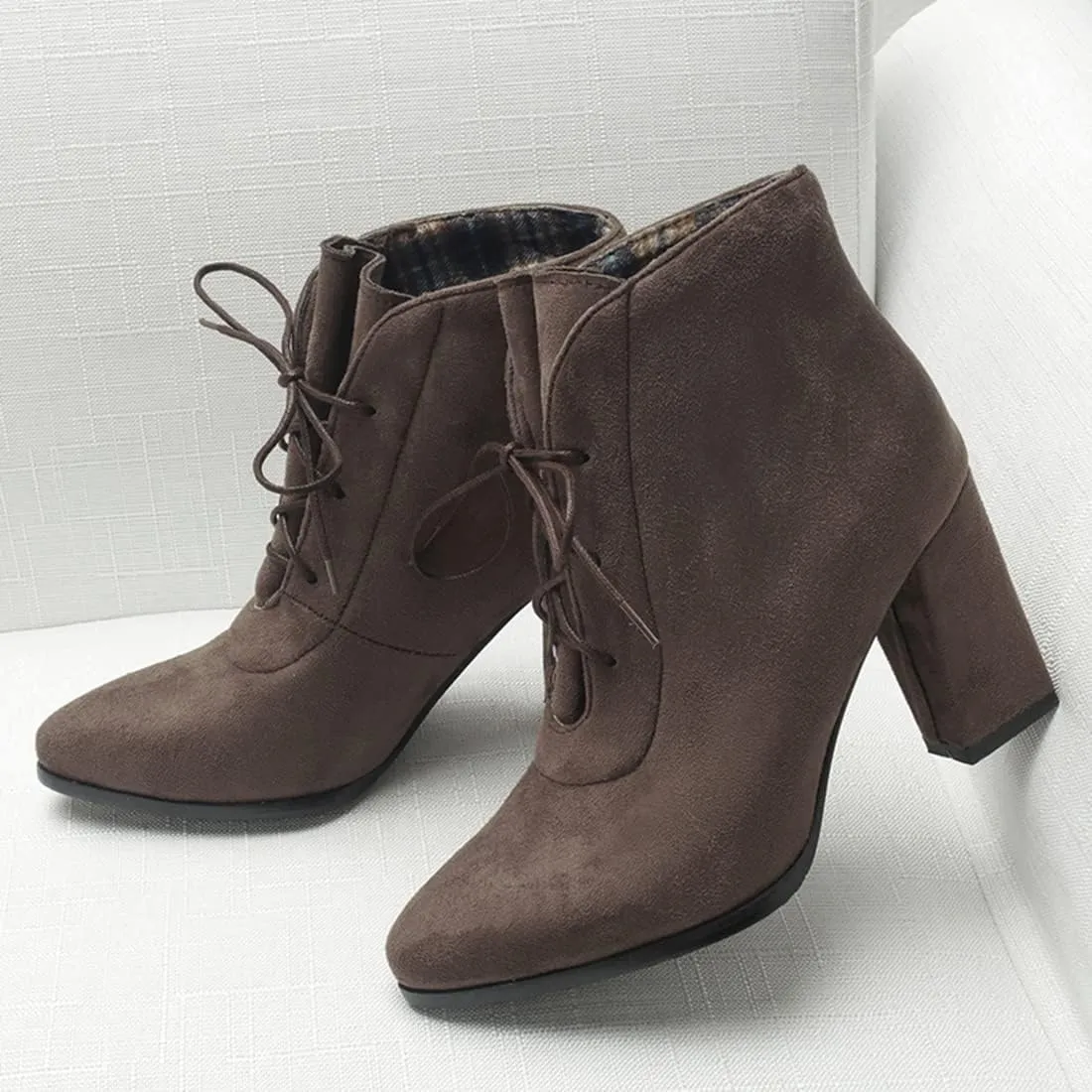 VOKLIN Women's Pointed Toe Lace Up Dressy Ankle Boots Vegan Suede Chunky Block High Heel Dress Short Booties
