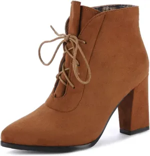 VOKLIN Women's Pointed Toe Lace Up Dressy Ankle Boots Vegan Suede Chunky Block High Heel Dress Short Booties
