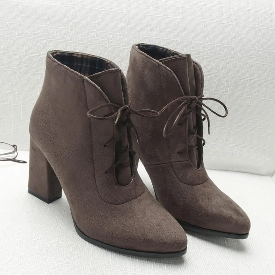 VOKLIN Women's Pointed Toe Lace Up Dressy Ankle Boots Vegan Suede Chunky Block High Heel Dress Short Booties