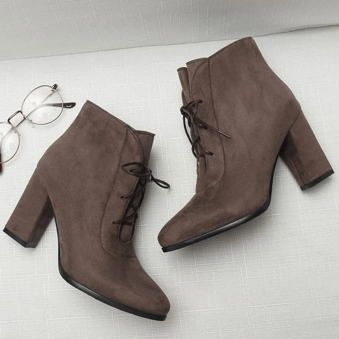 VOKLIN Women's Pointed Toe Lace Up Dressy Ankle Boots Vegan Suede Chunky Block High Heel Dress Short Booties